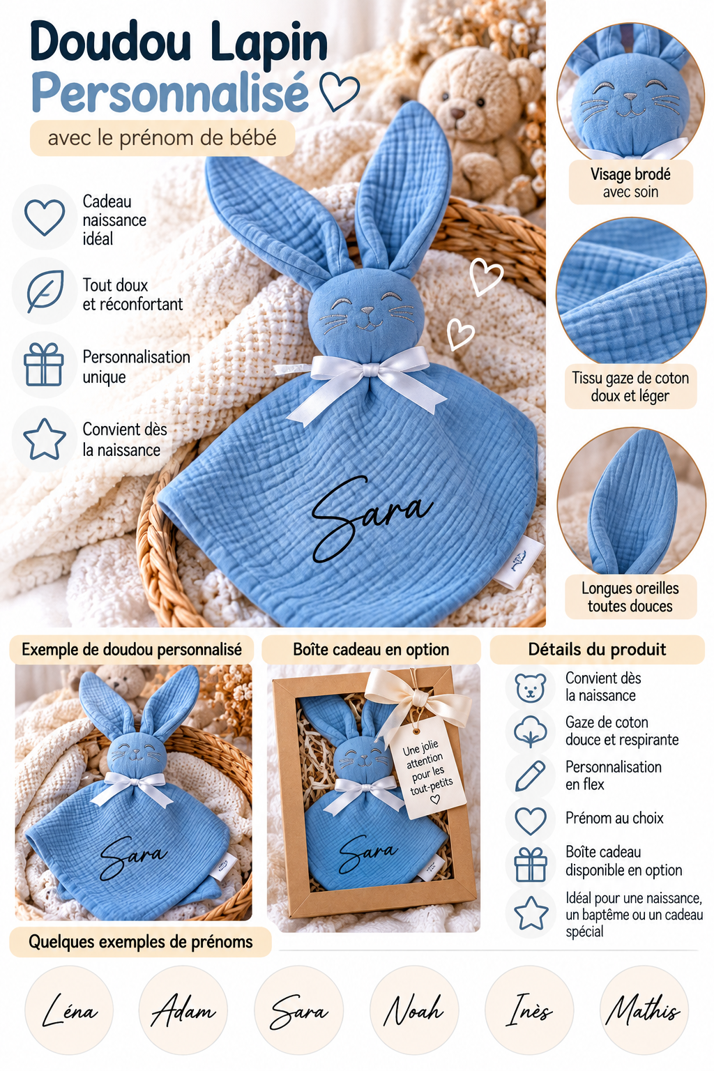 Doudou lapin pour Bébé Personnalisé avec Prénom cadeau naissance