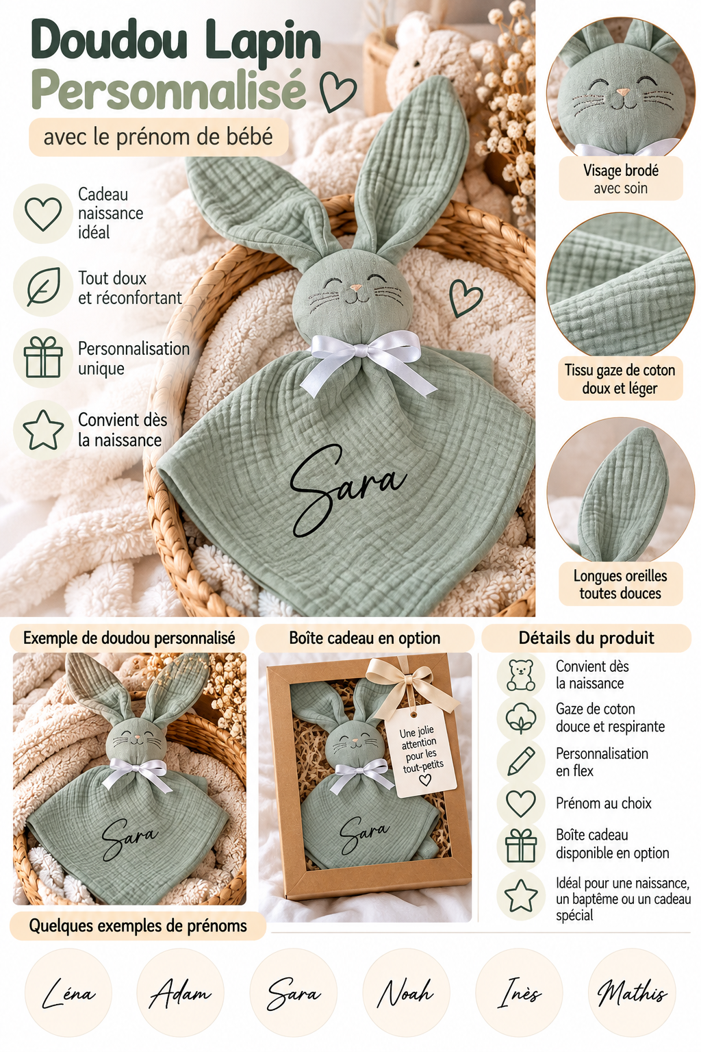 Doudou lapin pour Bébé Personnalisé avec Prénom cadeau naissance