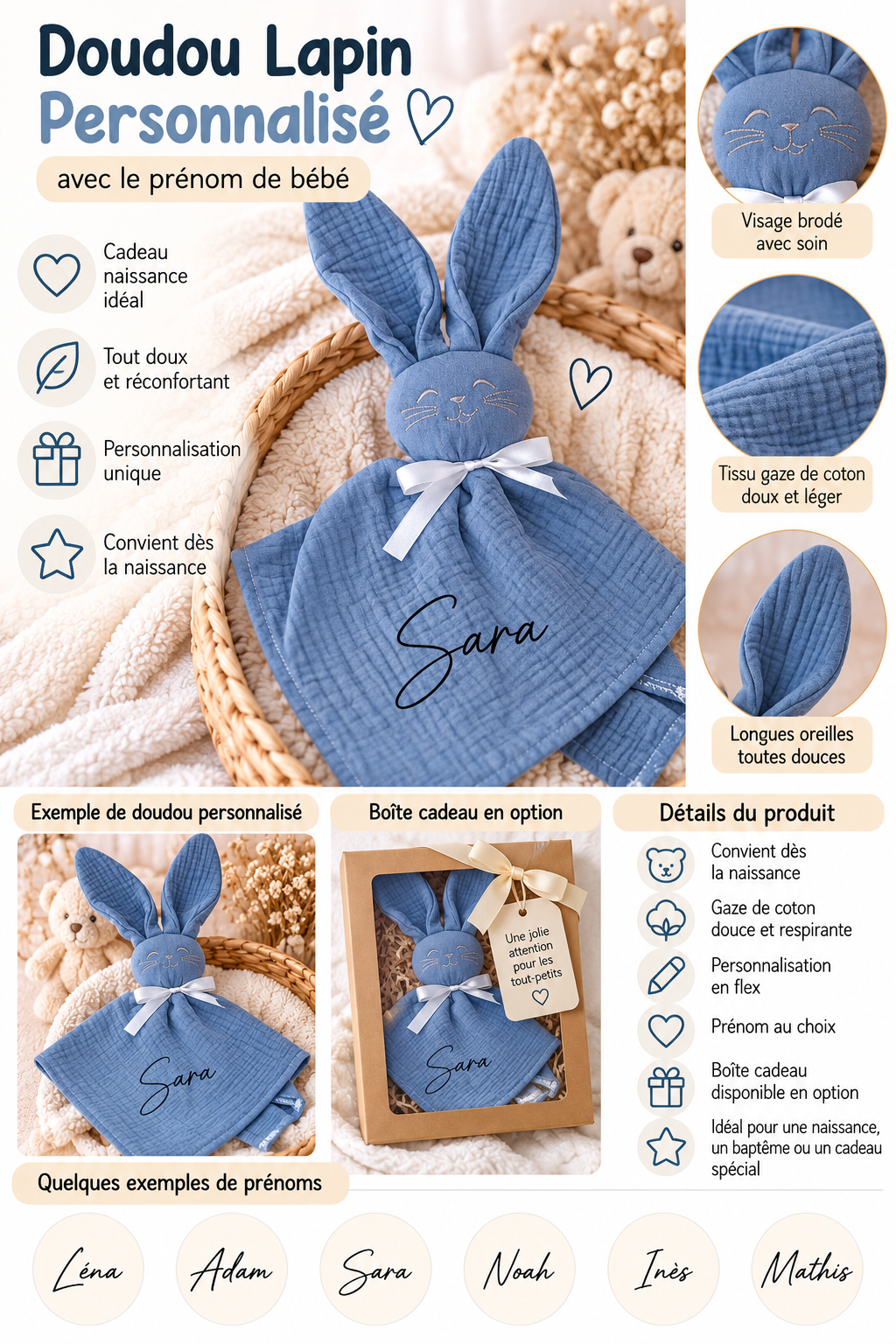 Doudou lapin pour Bébé Personnalisé avec Prénom cadeau naissance