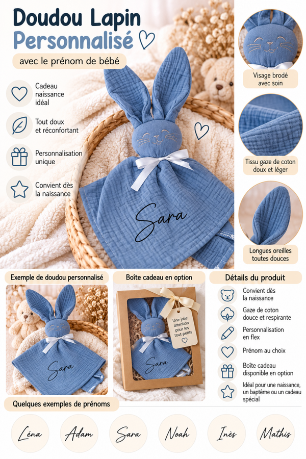 Doudou lapin pour Bébé Personnalisé avec Prénom cadeau naissance
