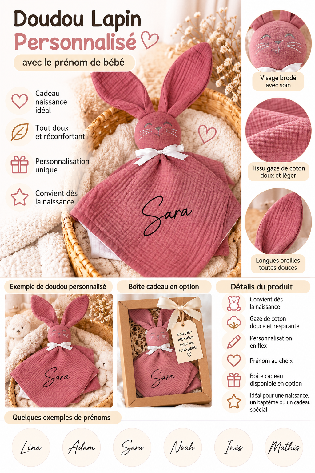 Doudou lapin pour Bébé Personnalisé avec Prénom cadeau naissance