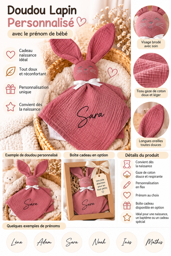 Doudou lapin pour Bébé Personnalisé avec Prénom cadeau naissance