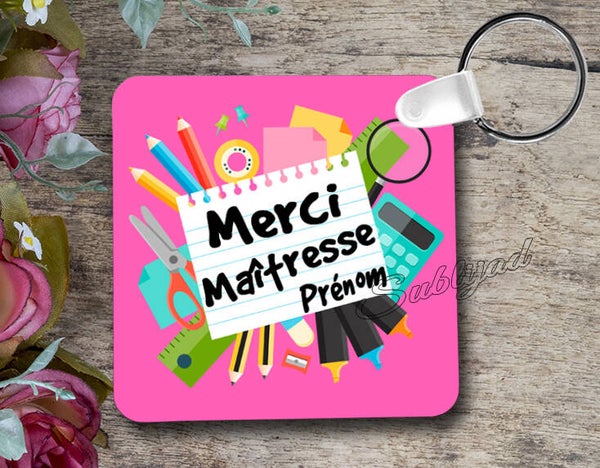 PORTE Clés RECTO VERSO merci maîtresse personnalisé avec prénom
