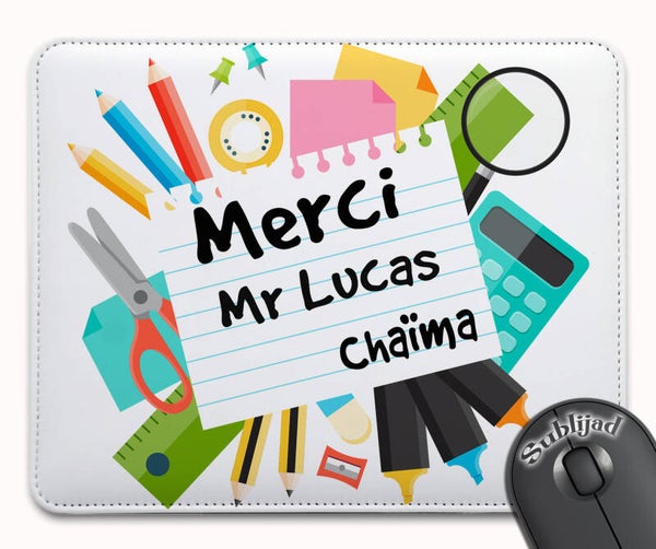 Tapis de souris simili cuir Maîtresse Maître ATSEM AVS personnalisé avec prénom