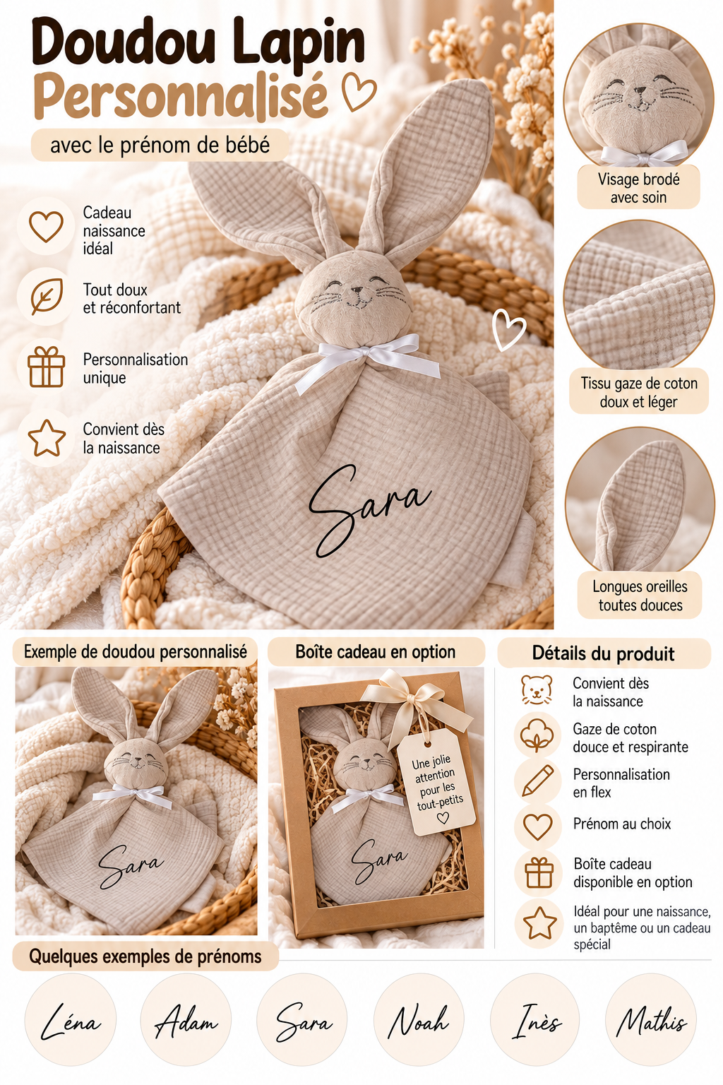 Doudou lapin pour Bébé Personnalisé avec Prénom cadeau naissance