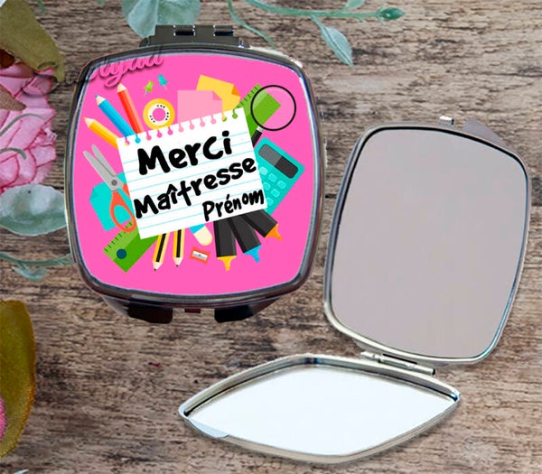 Miroir de poche Merci maîtresse personnalisé avec le prénom de votre choix