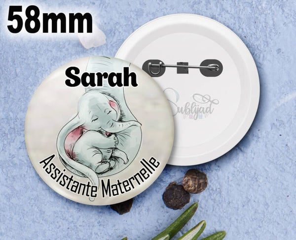 Badge rond Assistante Maternelle personnalisable avec Pénom