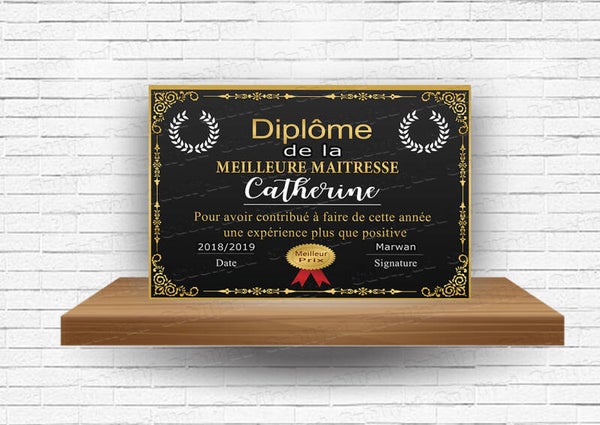 Diplôme  Plaque en aluminium personnalisé avec le prénom de la maîtresse, maître, atsem, Directeur, Directrice, AVS, nouou .... et de l'enfant