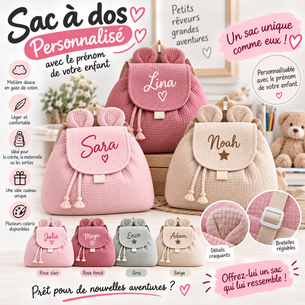 Un joli sac à dos personnalisé avec le prénom de votre enfant en gaze de coton
