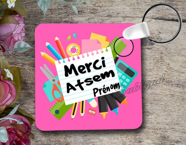 PORTE Clés RECTO VERSO merci Atsem personnalisé avec prénom