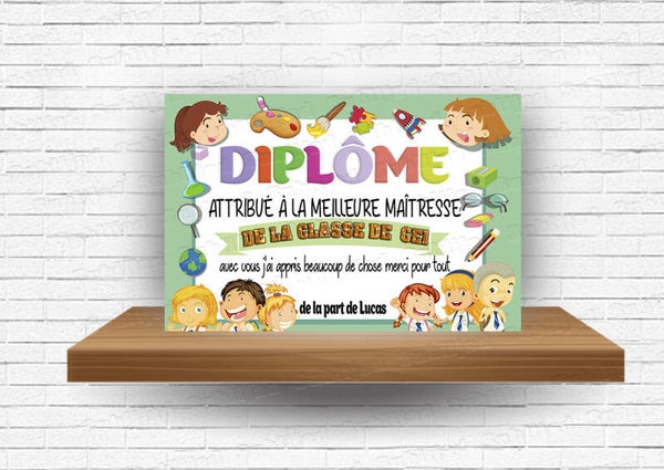 Diplôme  Plaque en aluminium  personnalisée maîtresse, maître, atsem, Directeur, Directrice, AVS, nouou ....