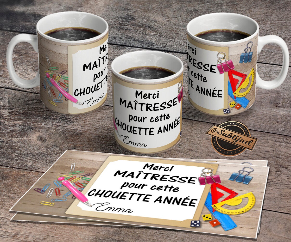 TASSE Mug Merci maîtresse pour cette chouette année personnalisé avec prénom de votre choix
