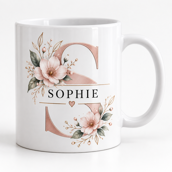 Mug Personnalisé Prénom Initiale Fleurie Cadeau Femme Anniversaire Maman