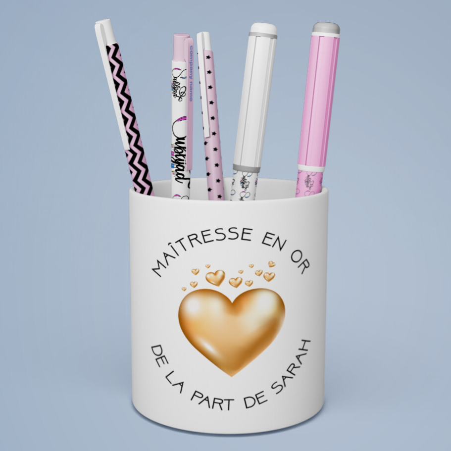 Pot à crayons maîtresse en or personnalisé avec le prénom de votre choix idée cadeau fin d'année
