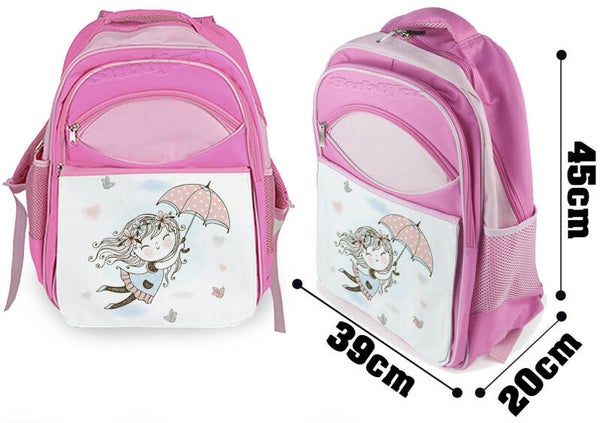 Sac à dos cartable Rose fille vole avec un parapluie