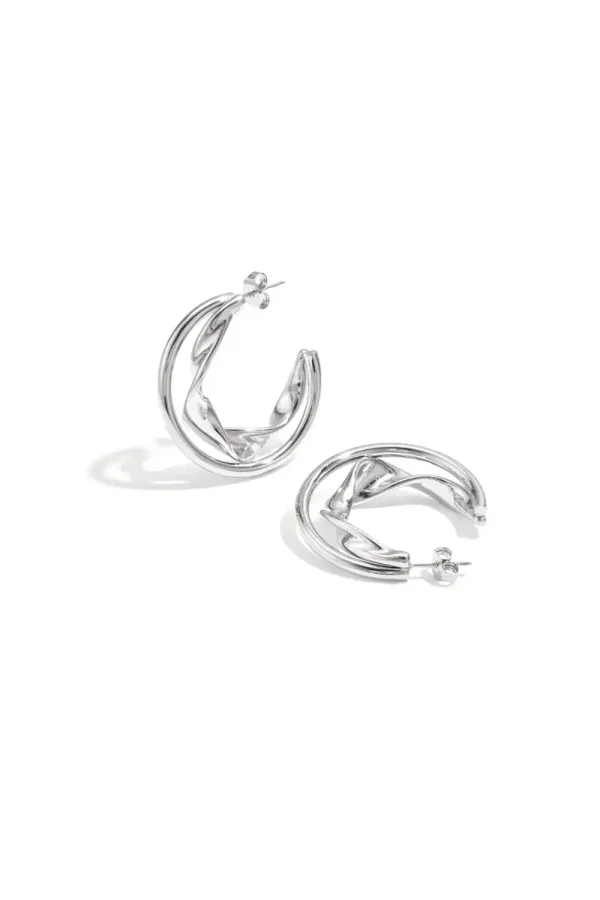 Double Chunky Hoop Earrings With Twisted Detail silver