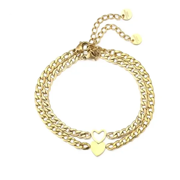 2 schakelarmbanden met hartje en uitgesneden hart goud