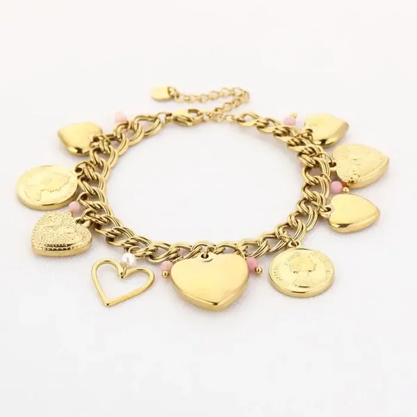 Luxe schakel armband met hartjes en muntjes bedels goud