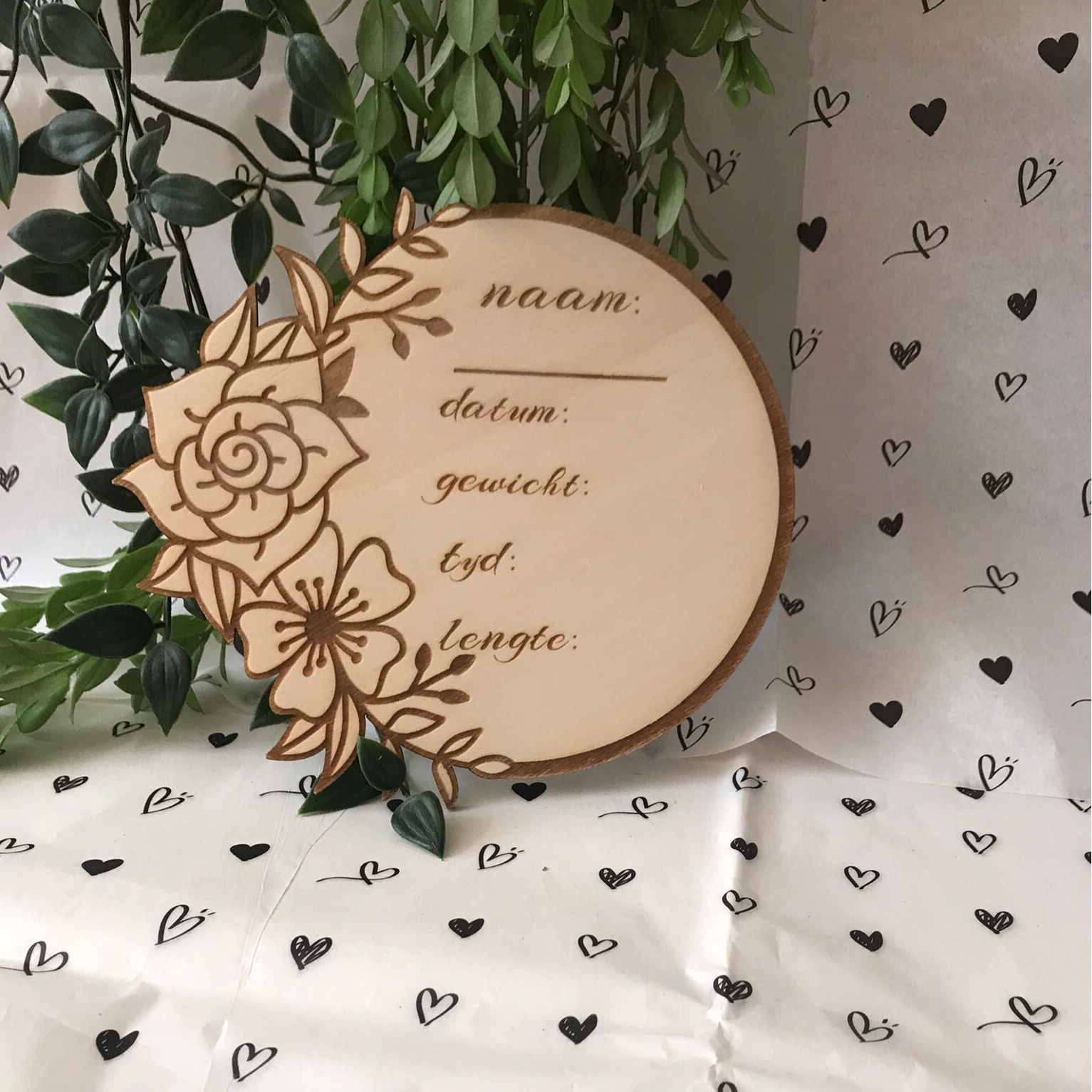 Geboorteaankondiging bordje bloemen