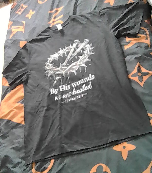 Black short sleeve t-shirt Isaiah 53;5 by his wounds we are healed