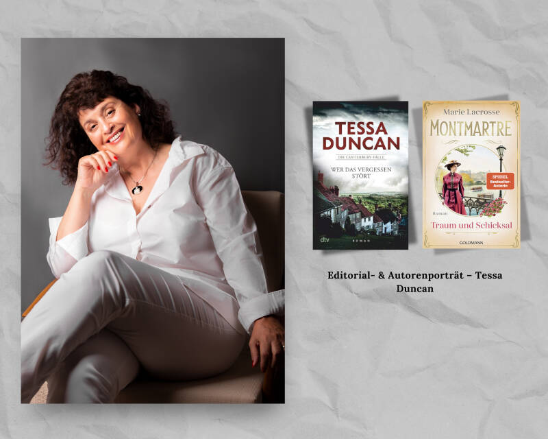 Editorial- & Autorenporträt von Tessa Duncan mit Buchcovern – Business- und Verlagsfotografie von Samira Fotografie