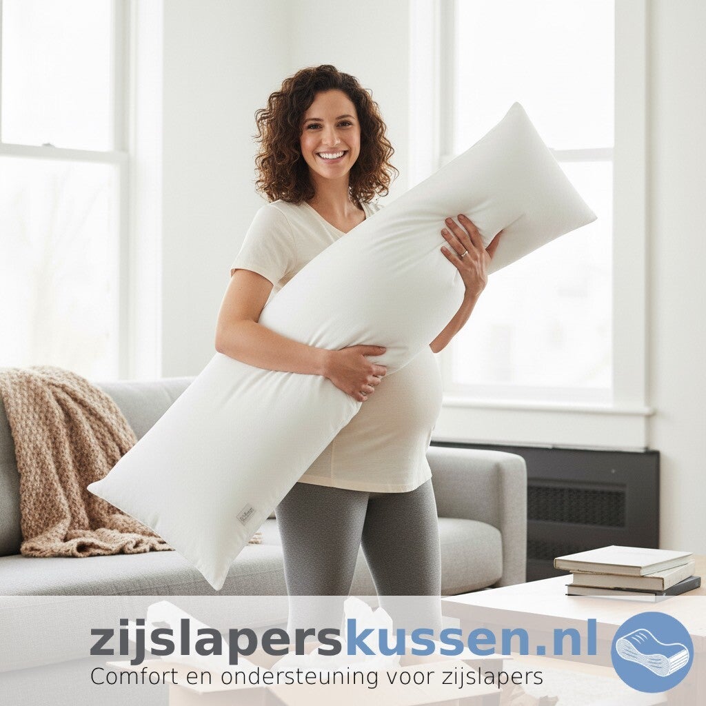 Vrouw is blij met haar nieuwe zwangerschapskussen