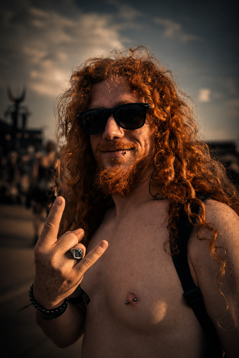photo d'un homme roux aux cheveux longs qui fait le signe du devil's horn avec sa main