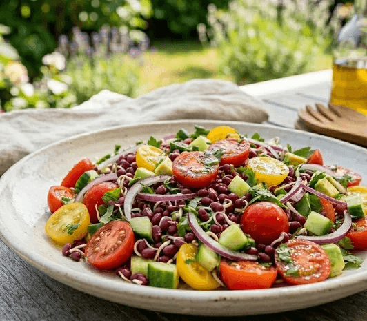 Sallad med adzukigroddar & tomater summer zest – adzukigroddarna odlade på fröer från HCT Seeds