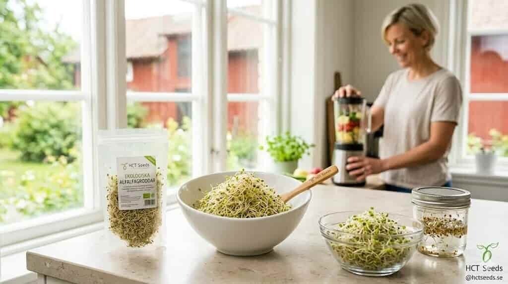 En stor vit skål fylld med färdiga ekologiska alfalfagroddar på en ljus köksbänk. Bredvid står en förpackning HCT Seeds alfalfasfröer och en groddburk med nysådda fröer. I bakgrunden använder en kvinna en blender för att göra en hälsosam juice.