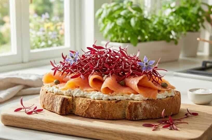 Lax & avokadotoast toppad med färgstarka röda amaranthskott (mikrogrönt). Odla egna microgreens med fröer från HCT Seeds.