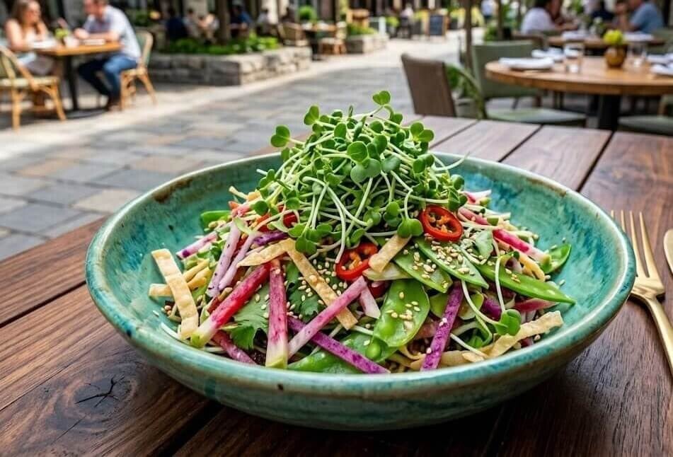 En turkos skål med en krispig sallad fylld med strimlade grönsaker och rädisor, rikligt toppad med gröna kinesiskskott odlade från egna fröer till kinesisk kålfrö, stående på ett träbord.