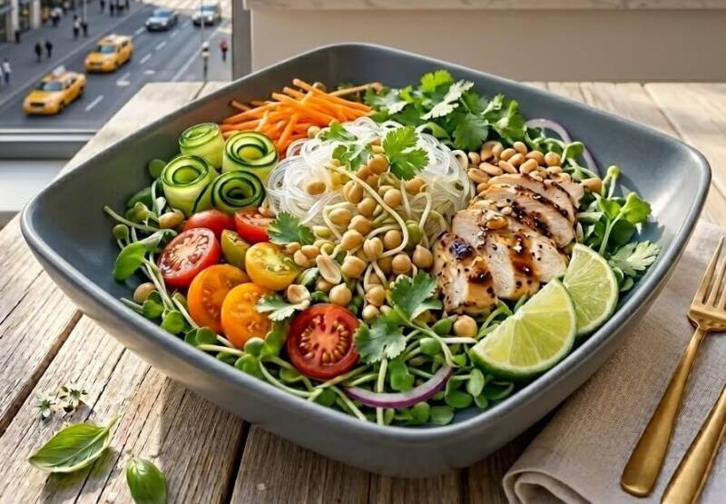 Fräsch och matig salladsskål toppad med hemodlade kikärtsgroddar, färska grönsaker och protein, serverad på träbord.