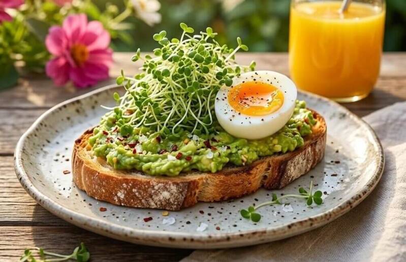 En avokadomacka med kokt ägg på en tallrik, toppad med rödklövergroddarodlade från egna rödklöverfrön, bredvid ett glas med juice.