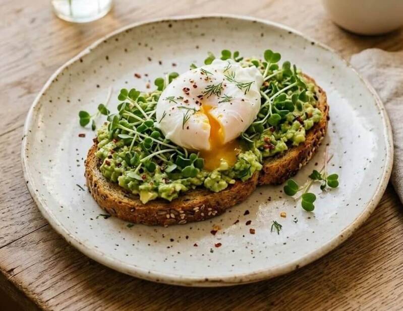 En ljus tallrik med två skivor avokadotoast toppade med bovetegroddar odlade från egna bovetefrön och ett krämigt pocherat ägg i mitten.