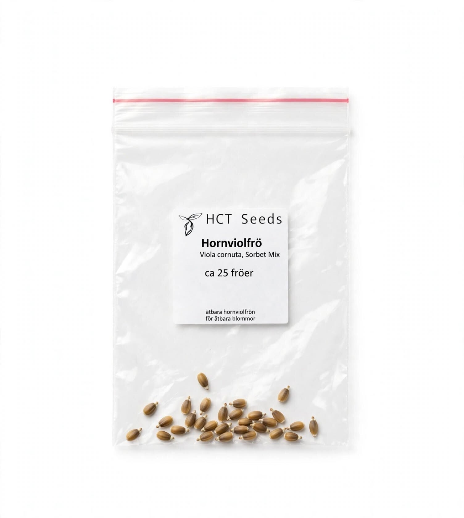 Genomskinlig fröpåse från HCT Seeds med ca 25 fröer av hornviol Viola cornuta Sorbet Mix för odling av ätbara blommor