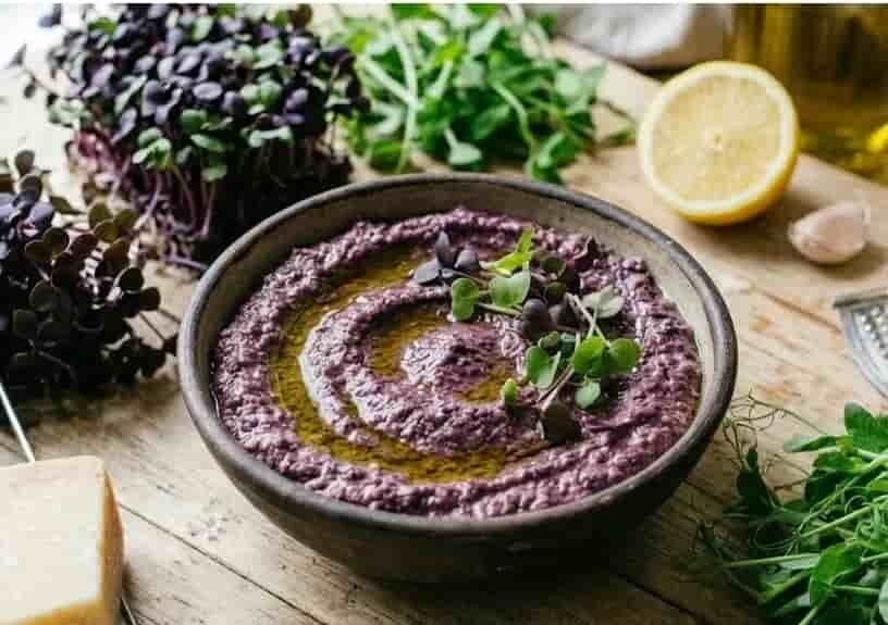 Unik lila pesto gjord på röda basilikaskott och krispiga ärtskott (mikrogrönt). Odla egna microgreens med fröer från HCT Seeds.