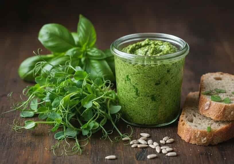 Hemgjord pesto på ärtskott och basilikaskott (mikrogrönt). Odla egna microgreens med kvalitetsfröer från HCT Seeds.