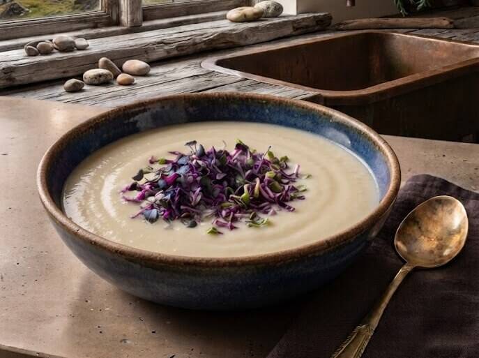 En djup keramikskål med krämig, ljus blomkålsoppa placerad på en rustik träbänkskiva intill en kopparvask. Soppan är generöst toppad med en livfull, mörklila hög av krispiga rödkålsskott i mitten. En vintage guldsked ligger bredvid skålen.