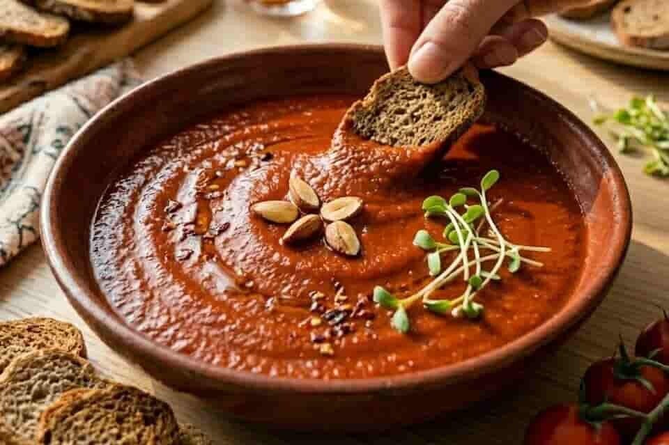 Rökig salsa med krispiga bockhornsklövergroddar och mandel. Groddfröer från HCT Seeds.