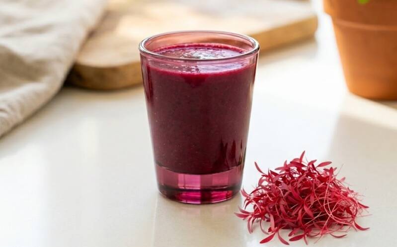 Ett glas med en djuplila smoothie bredvid en liten hög med färska, röda amaranthskott.