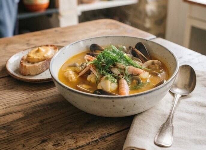 En rustik keramikskål fylld med mustig, gyllengul fransk bouillabaisse med olika fisk- och skaldjursbitar på ett träbord. Soppan är toppad med en generös näve färska, gröna dillskott i mitten. Bredvid skålen ligger en sked och en skiva rostat bröd .