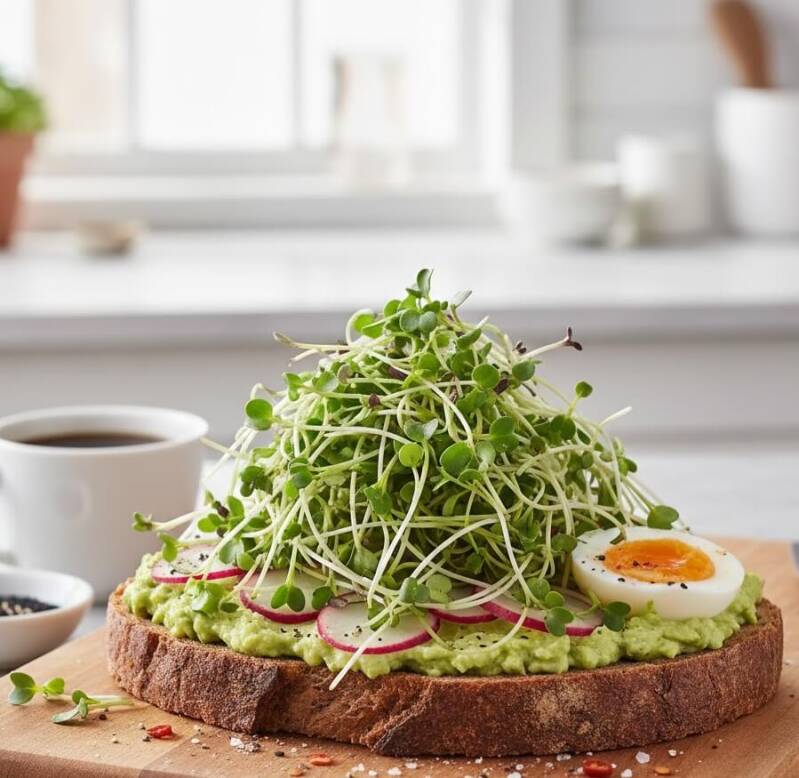 Lyxig avokadomacka till brunchen toppad med ägg och färska, hemodlade ekologiska broccoli Calabrese-skott.