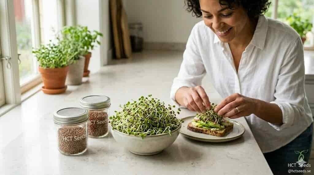 Närbild på krispiga, ekologiska Broccoli Calabrese-groddar med karakteristiska mörka fröskal i en skål på en ljus köksbänk. Bredvid syns groddburkar från HCT Seeds med fröer under groddning. En kvinna toppar en avocado-macka med de färska broccoligroddarn