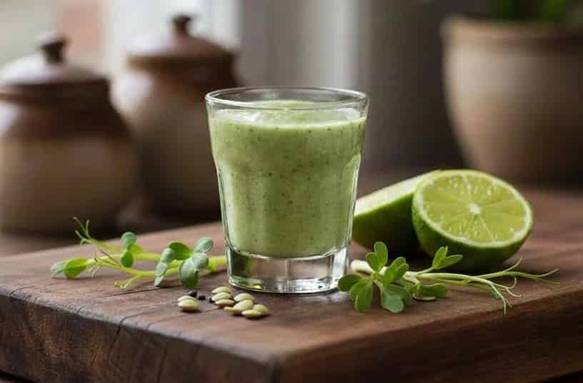 Grön smoothie med gröna linsskott och broccoli raab (mikrogrönt). Odla egna microgreens med fröer från HCT Seeds.