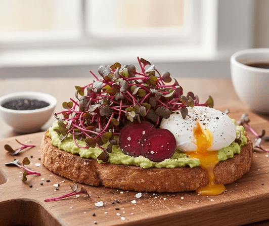Bulls Blood avocado toast – med pocherat ägg & rödbetsskott  odlade på fröer från HCT Seeds