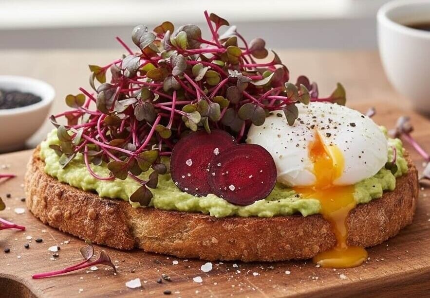 En avokadotoast med pocherat ägg och rödbetsskivor på en träbräda, toppad med mörkröda skott odlade från egna rödbetsfrö Bulls Blood.