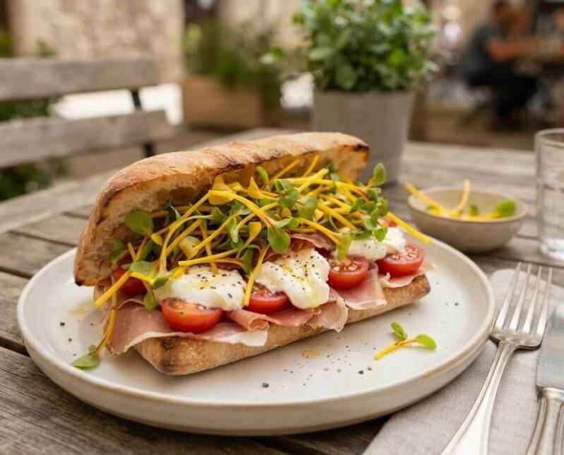 Närbild på en öppen ciabattasandwich på en tallrik, fylld med mozzarella, röda tomater och lufttorkad skinka. Den är generöst toppad med gula mangoldskott (mikrogrönt).