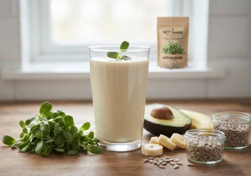 Creamy Sunflower – en mättande och energigivande frukostsmoothie där nyskördade solrosskott ger en unik, nötig smak och krämig konsistens.