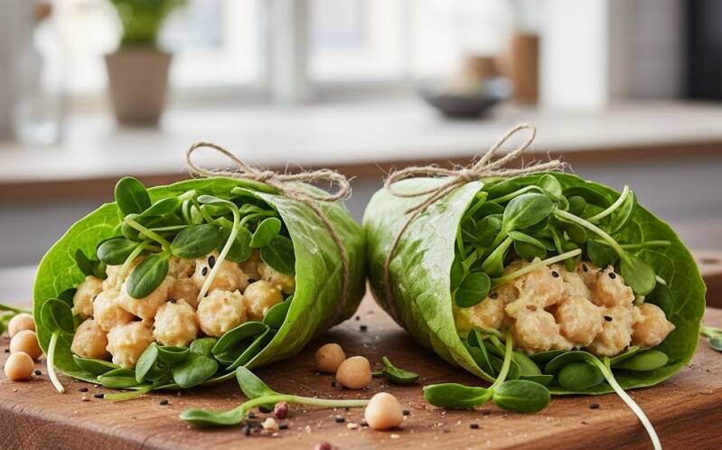 Två gröna wraps fyllda med krämig kikärtsröra och ett överflöd av krispiga solrosskott odlade från egna solrosfrön, liggande på en skärbräda i trä.