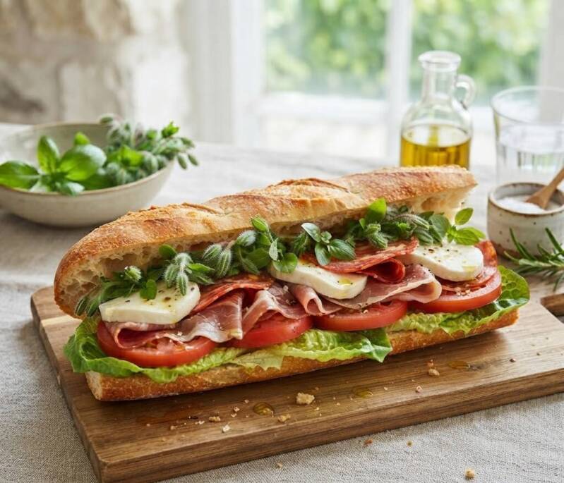 En lyxig brunchmacka på baguette med mozzarella, tomat och färska gurkörtsskott från ett hemodlat startkit.
